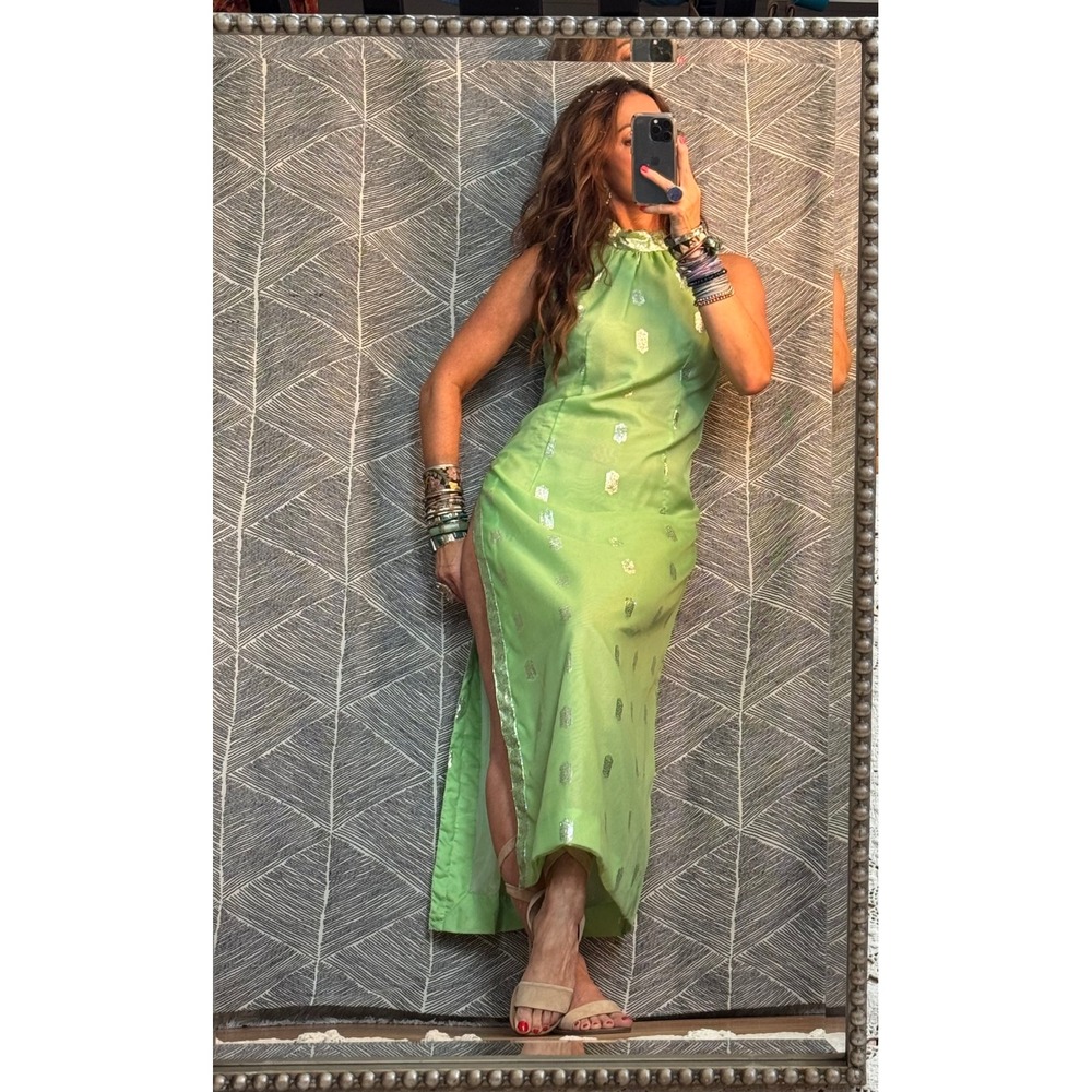 Vintage 70s Green & Silver Maxi Dress with Pants & Sash - Picture 3 of 8